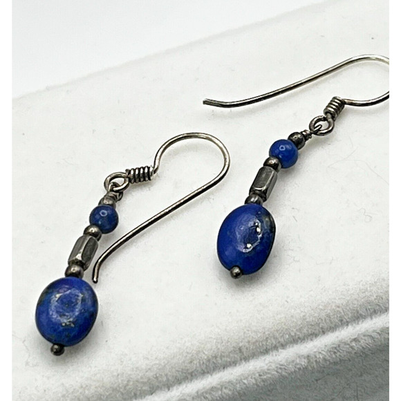 GENUINE LAPIS LAZULI STERLING SILVER WIRE WRAP DEARRINGS - Picture 1 of 4